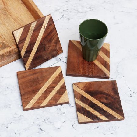 Antique Brown Coloured Wooden Coasters - Pack of 4